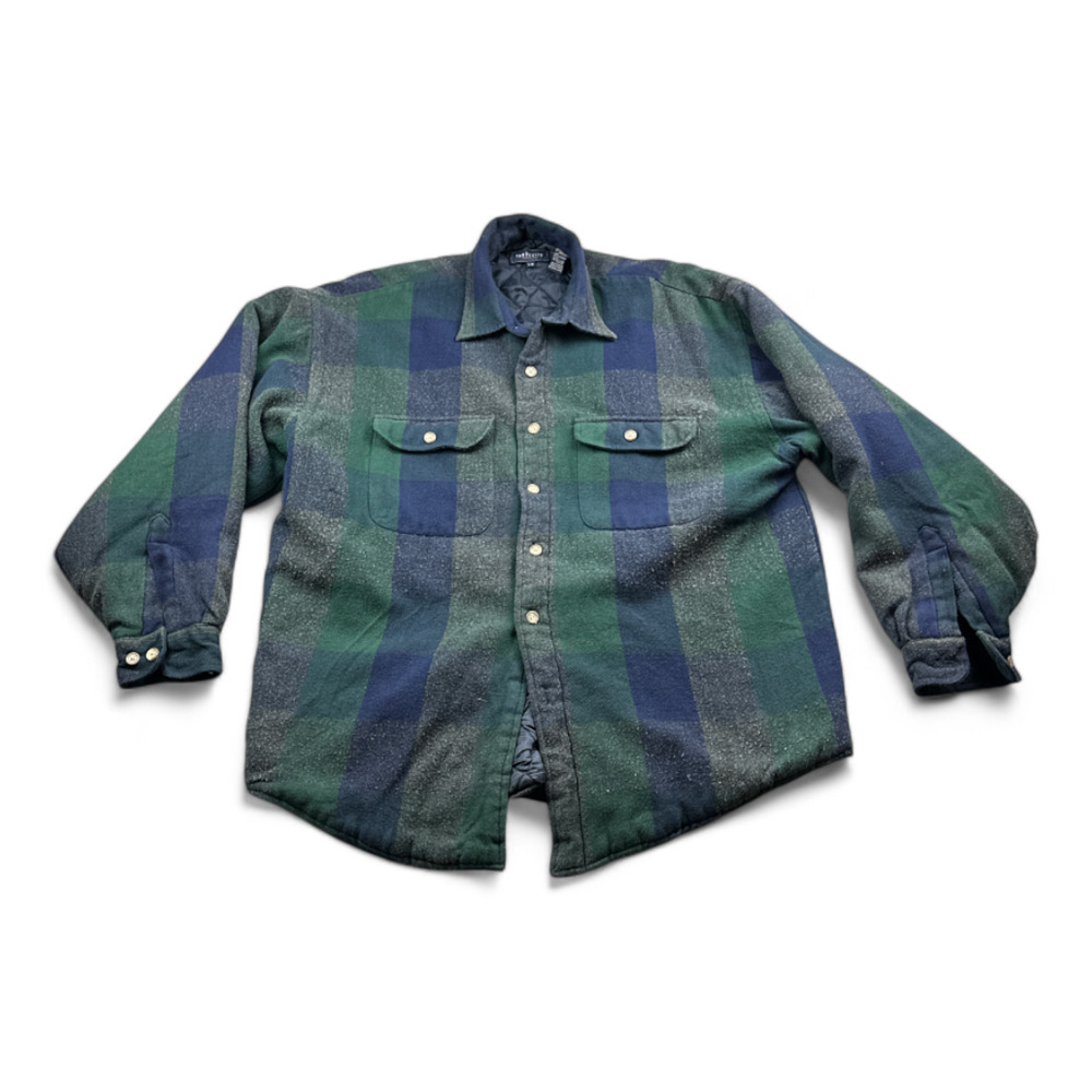 Vintage Van Heusen Shirt Jacket Adult LARGE Green Black Watch Plaid Barn Coat